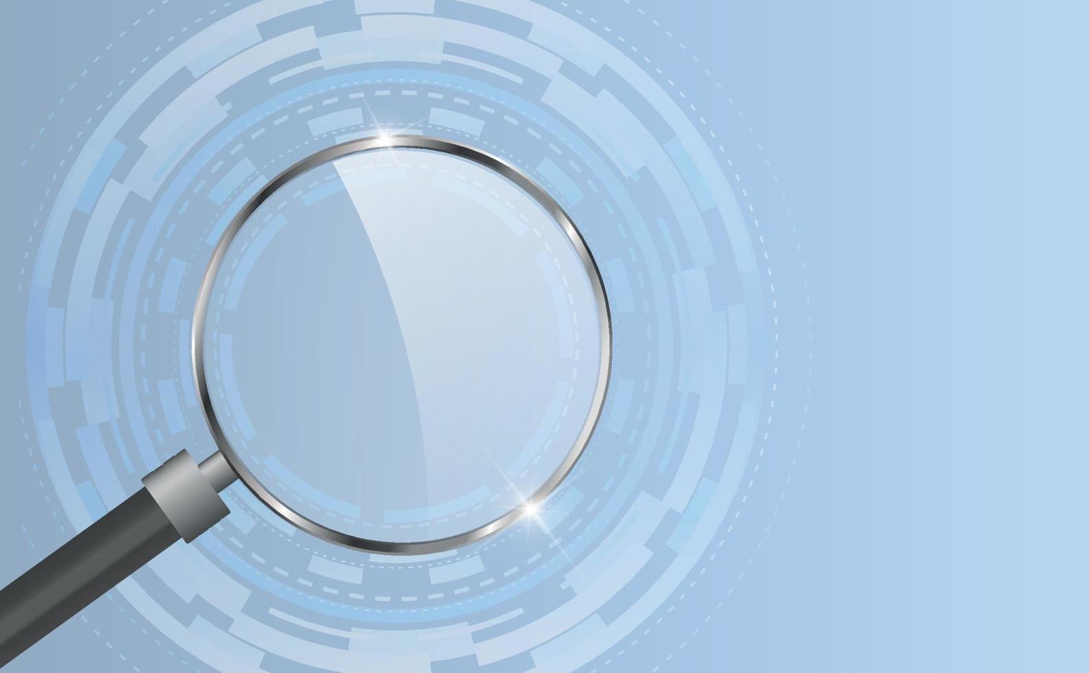 Search futuristic, SEO. Magnifying glass and abstract geometric image of a gear on a blue gradient background. copy space. Vector illustration