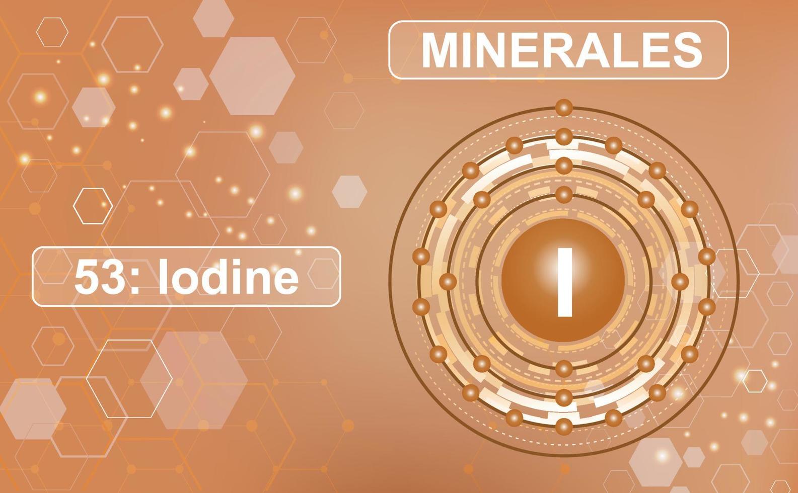 Electronic scheme of the shell of the mineral and trace element Iodine, I, the 53rd element of the periodic table of elements. Abstract brown gradient background made of hexagons. Information poster. vector