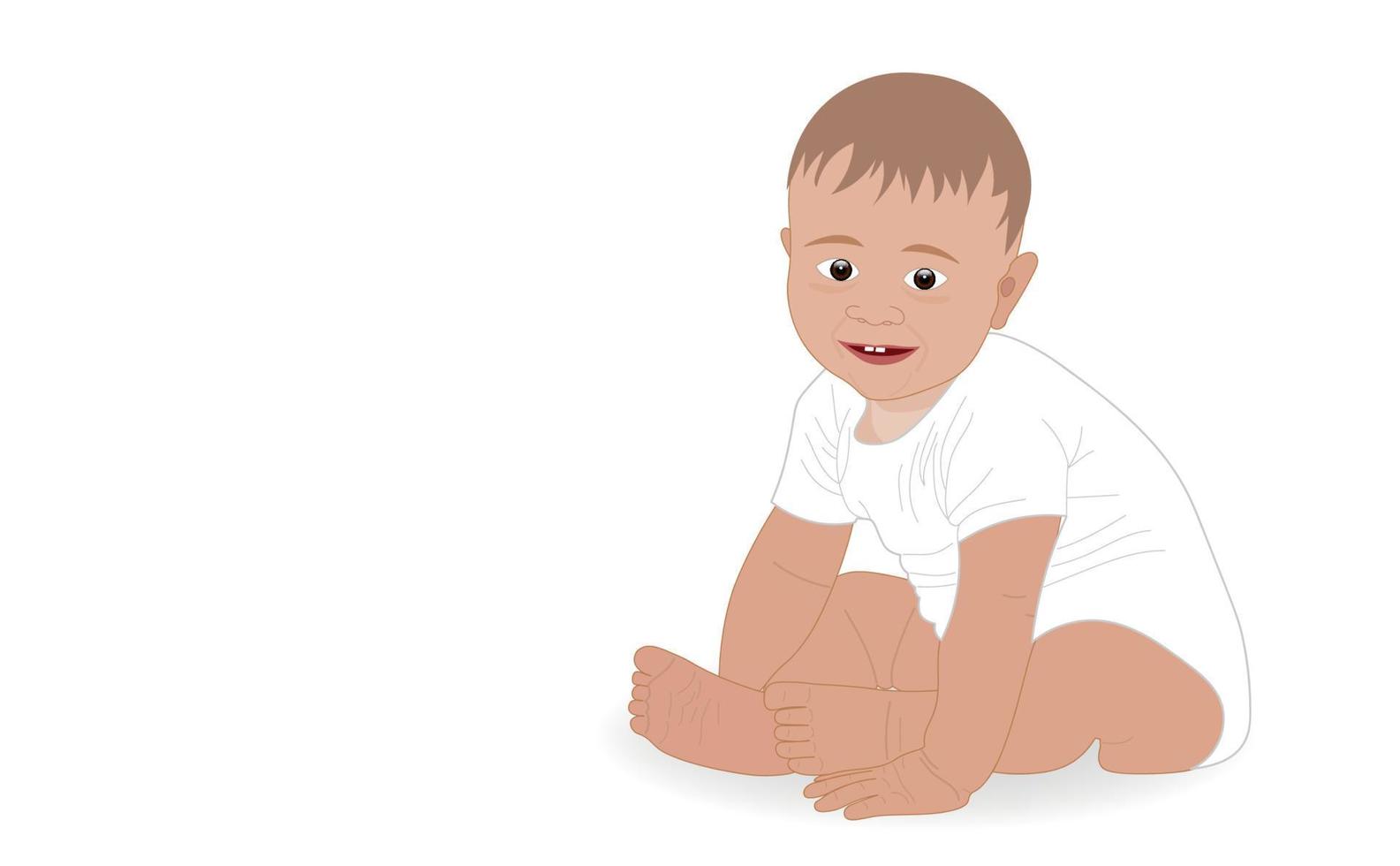 niño pequeño en una pose sentada a la derecha mira y sonríe sobre un fondo blanco. copie el espacio cartel médico de información. ilustración vectorial vector