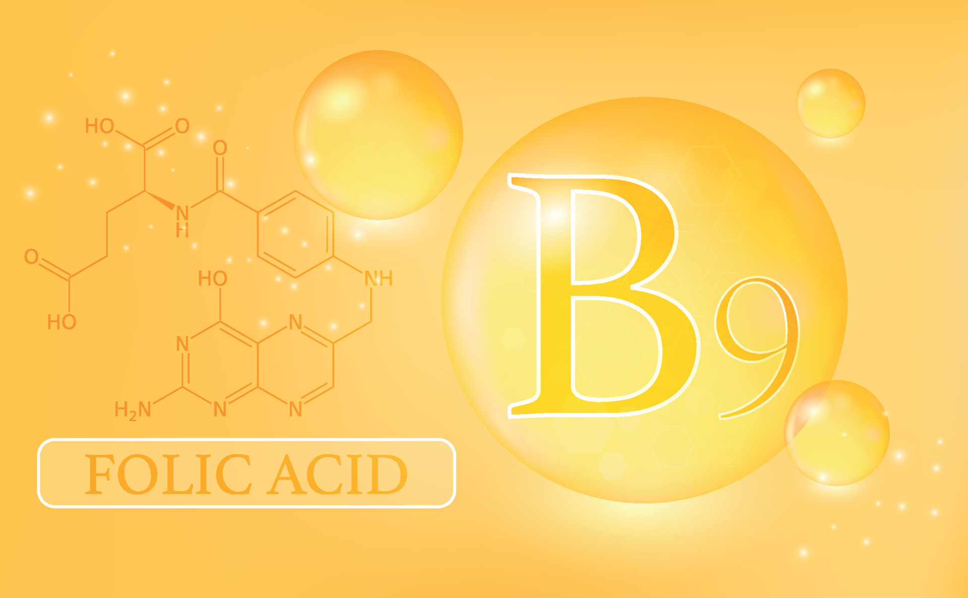 Vitamin B9, folic acid, water drops, capsule on an orange background