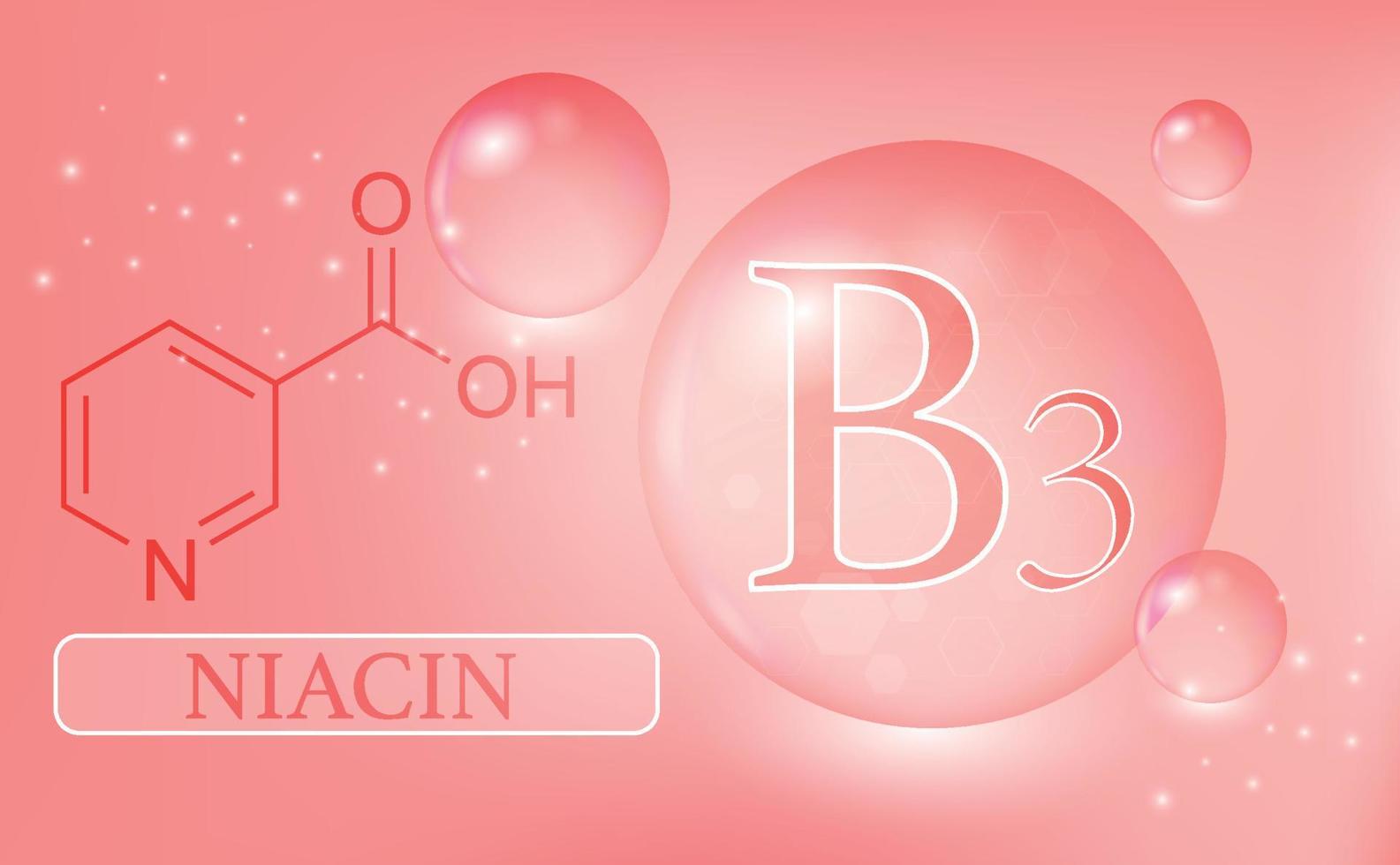 Vitamin B3, niacin, water drops, capsule on a pink background. Vitamin complex with chemical formula. Information medical poster. Vector illustration