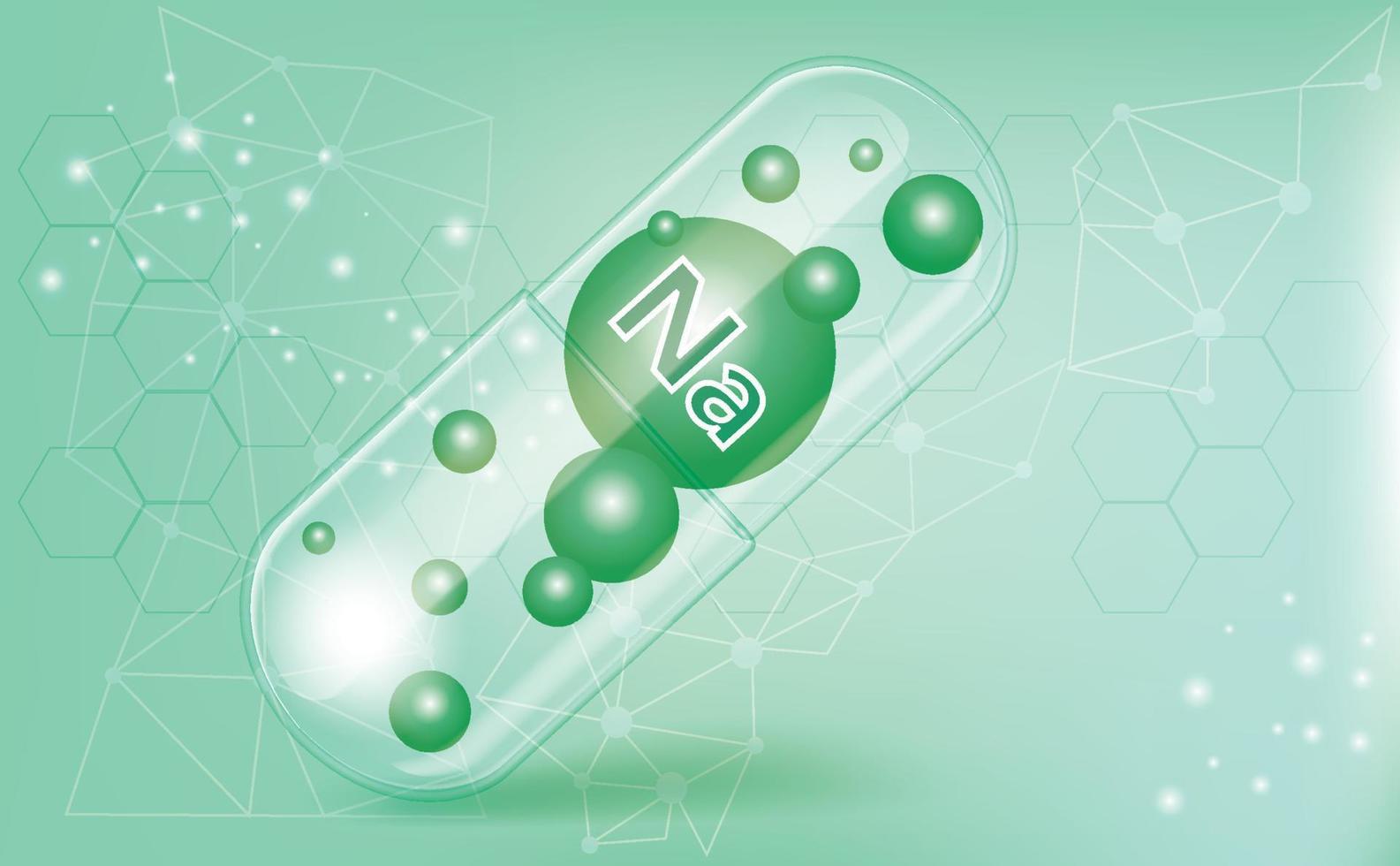 Minerals Na, Natrium, vitamin inside a translucent capsule, macronutrient, dietary supplement on a green gradient background, medical information poster. Vector illustration