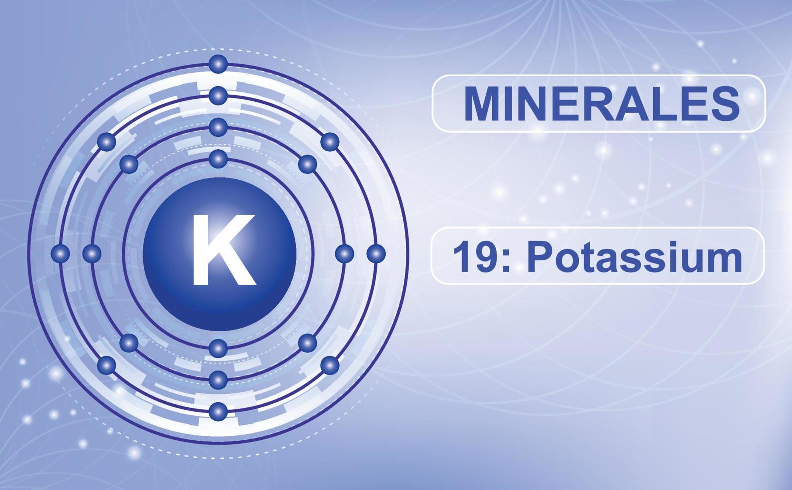 esquema de la capa de electrones del mineral y macroelemento k, kalium, elemento 19 de la tabla periódica de elementos. fondo púrpura abstracto. cartel de información ilustración vectorial vector