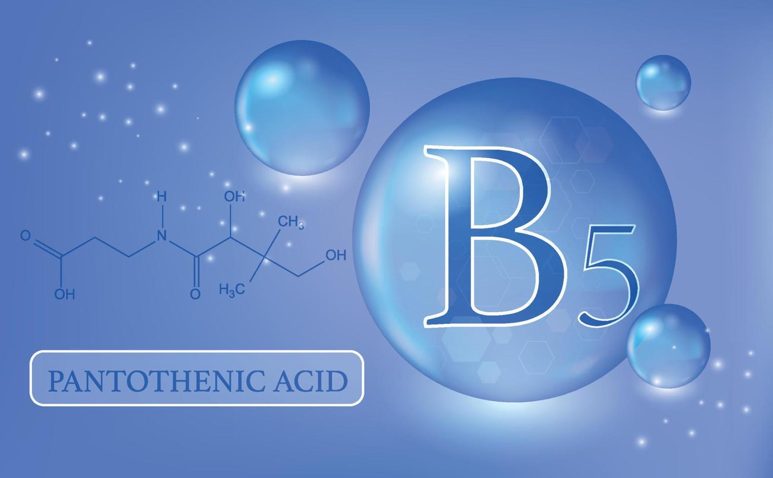 Vitamin B5, pantothenic acid, blue water drops, capsule. Vitamin complex with chemical formula. Information Poster. Vector illustration