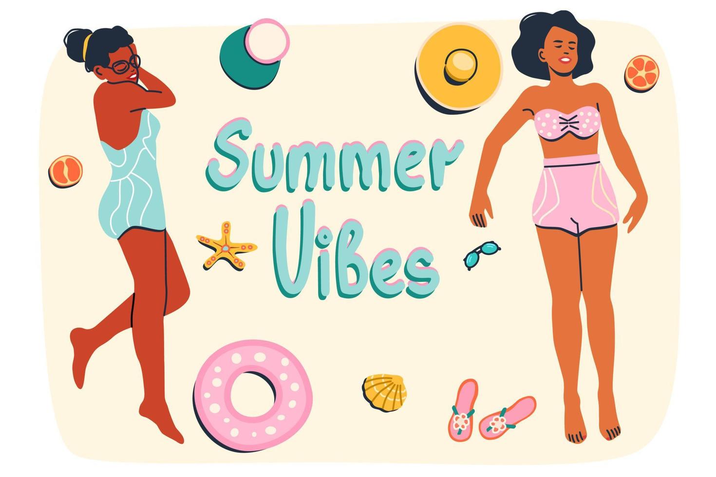 Beautiful women tanning in swimsuits. Trendy vintage fashion. Summer vibes postcard. Summer holidays concept. vector