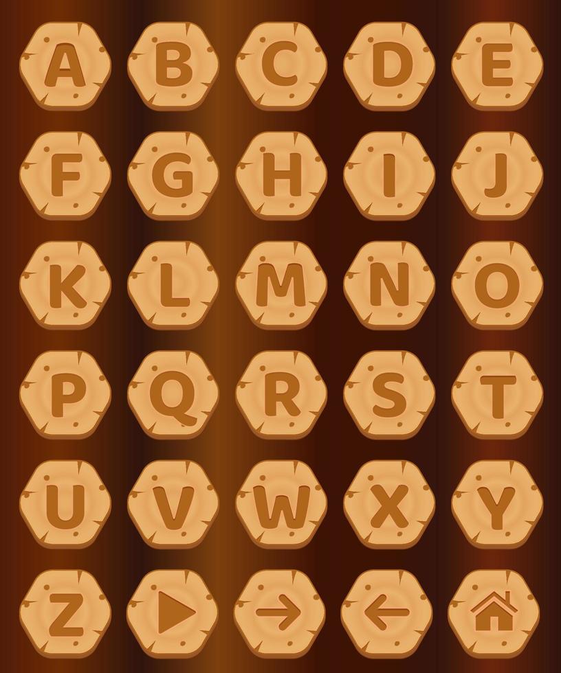 Hexagon buttons wood a-z alphabet words game. vector