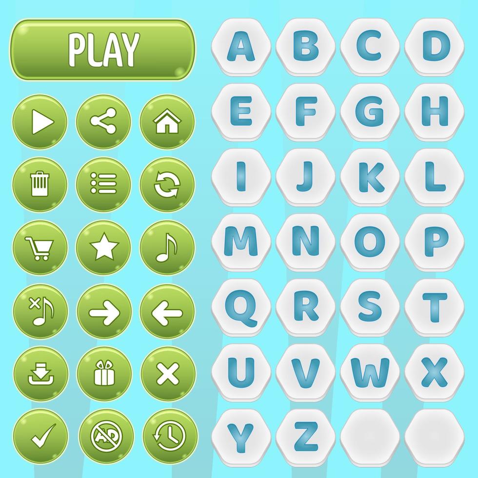 Gui buttons and hexagon a-z alphabet words game. vector