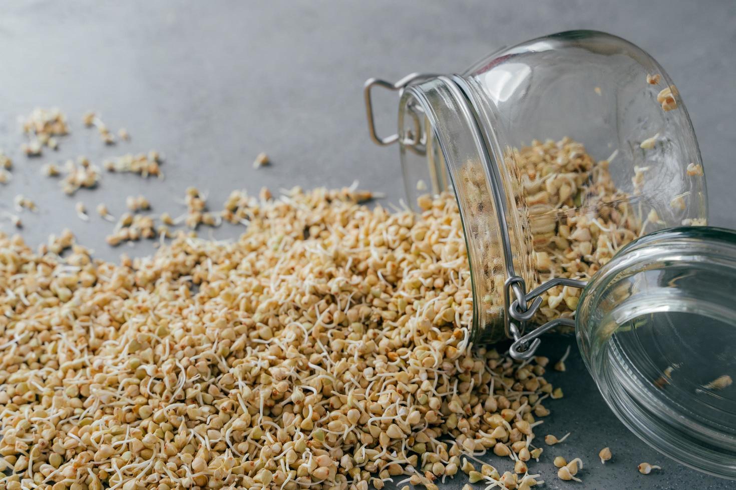 Healthy nutrition and dieting concept. Fresh buckwheat sprouts spilled on grey background from glass jar. Vegetarian dish full of vitamins photo