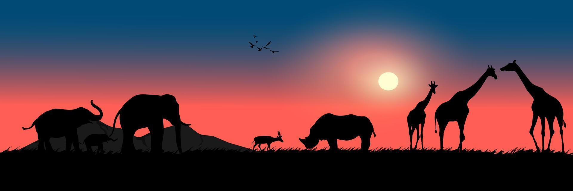 gráficos dibujo paisaje vista animales al aire libre elefante ciervo rinoceronte jirafa con puesta de sol en el suelo para fondo de pantalla ilustración vectorial vector