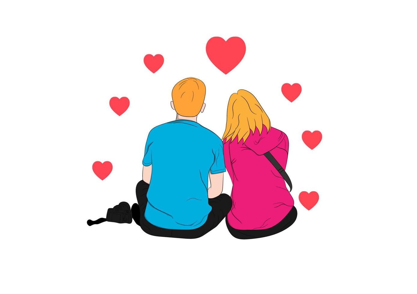 dibujo gráfico pareja niño y niña sentarse y corazón alrededor sobre fondo blanco concepto pareja romántica día de san valentín vector