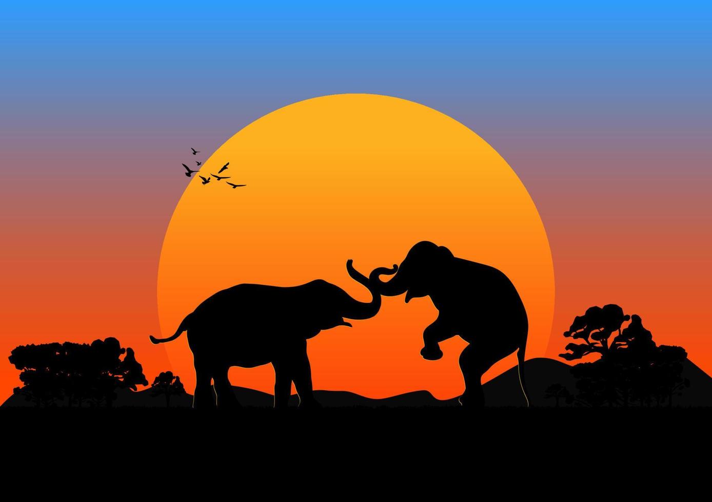 imagen de silueta elefante negro en el bosque con fondo de montaña y puesta de sol luz de la tarde ilustración vectorial vector