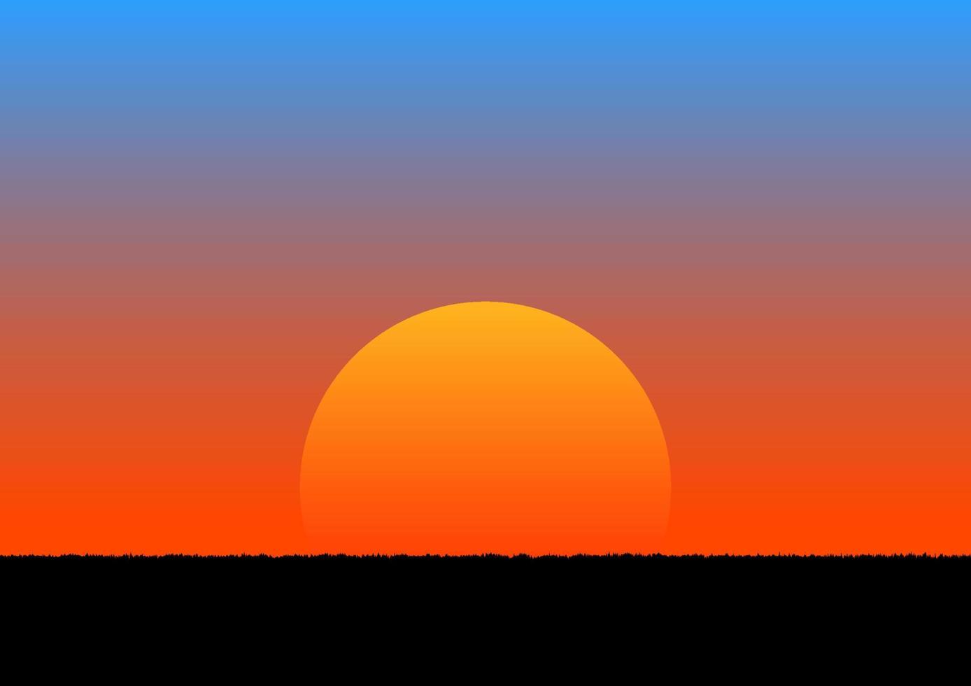 imagen gráfica puesta de sol o amanecer con naranja y azul del cielo con hierba en la ilustración de vector de tierra