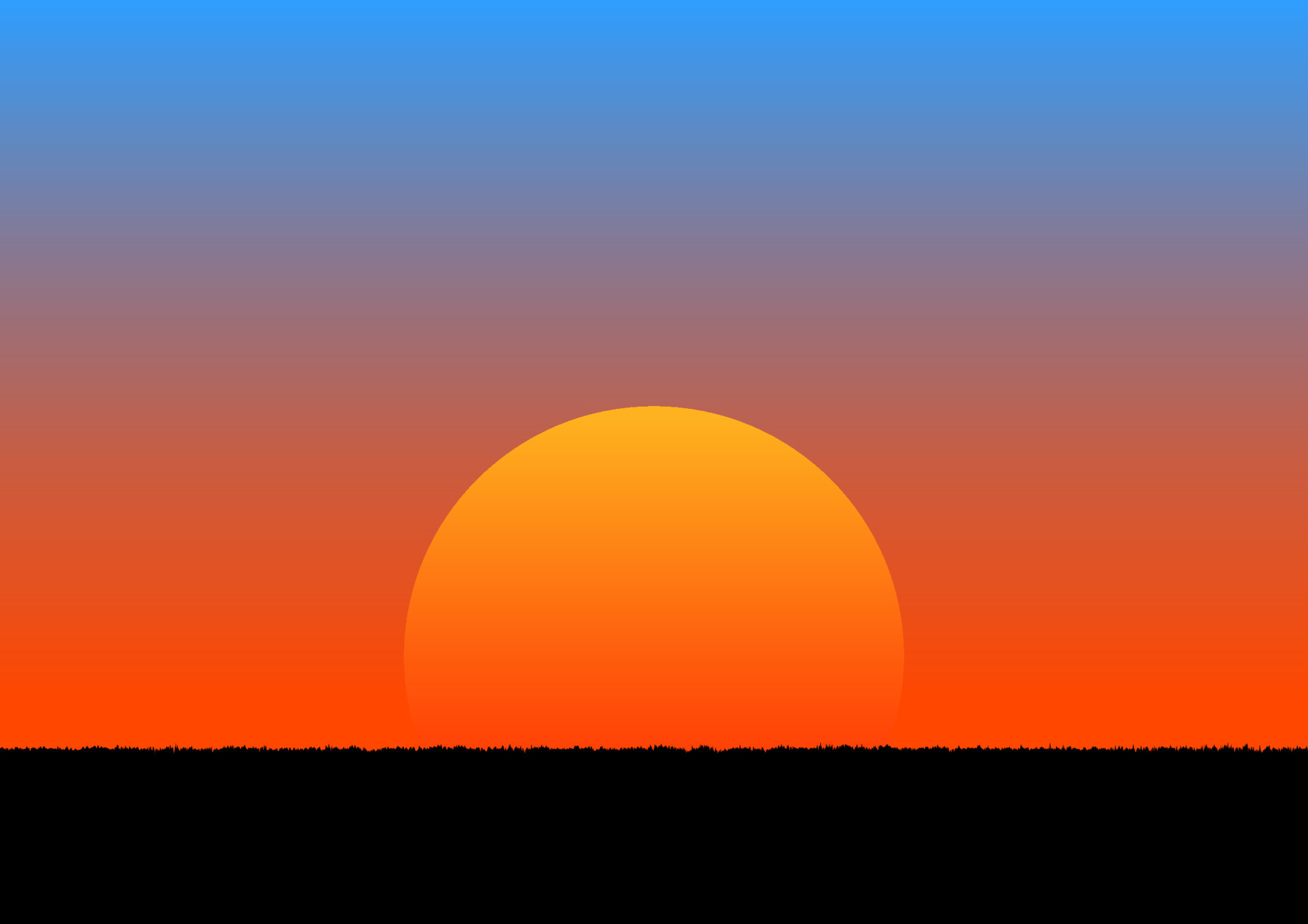 graphics image sunset or sunrise with orange and blue of sky with grass