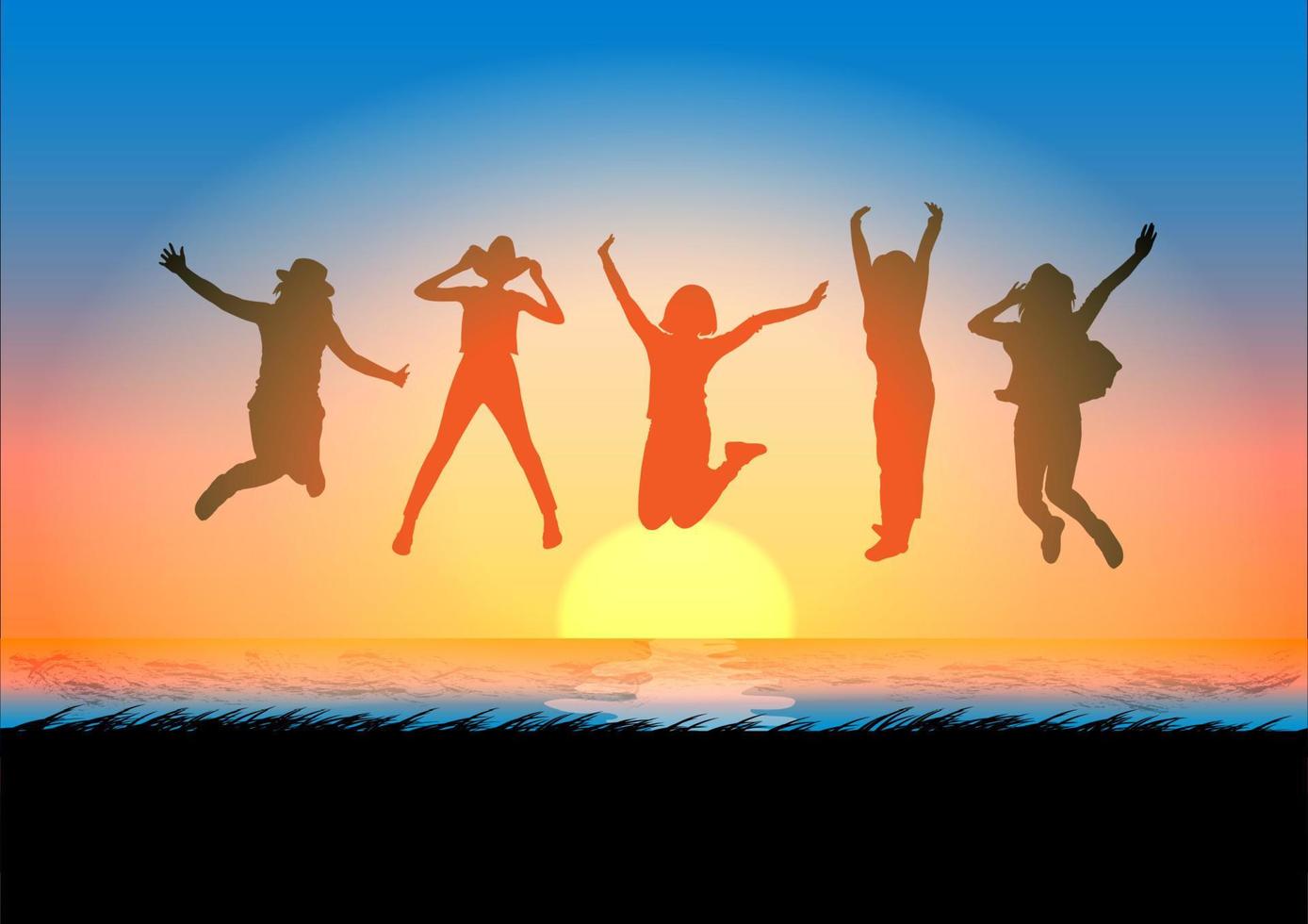 Silhouettes happy jumping women with sunrise background vector illustration