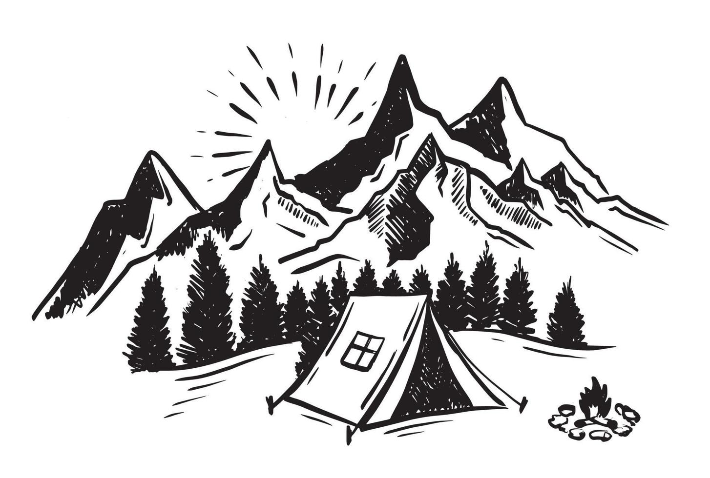 Sketch Camping in nature set, Mountain landscape, vector illustrations.