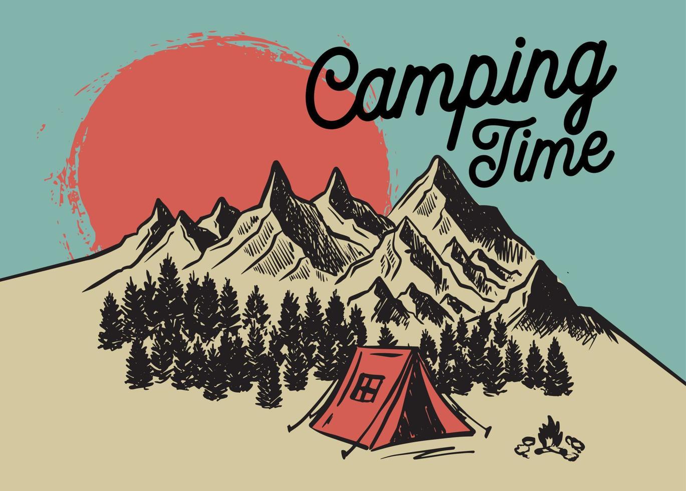 Sketch Camping in nature set, Mountain landscape, vector illustrations.