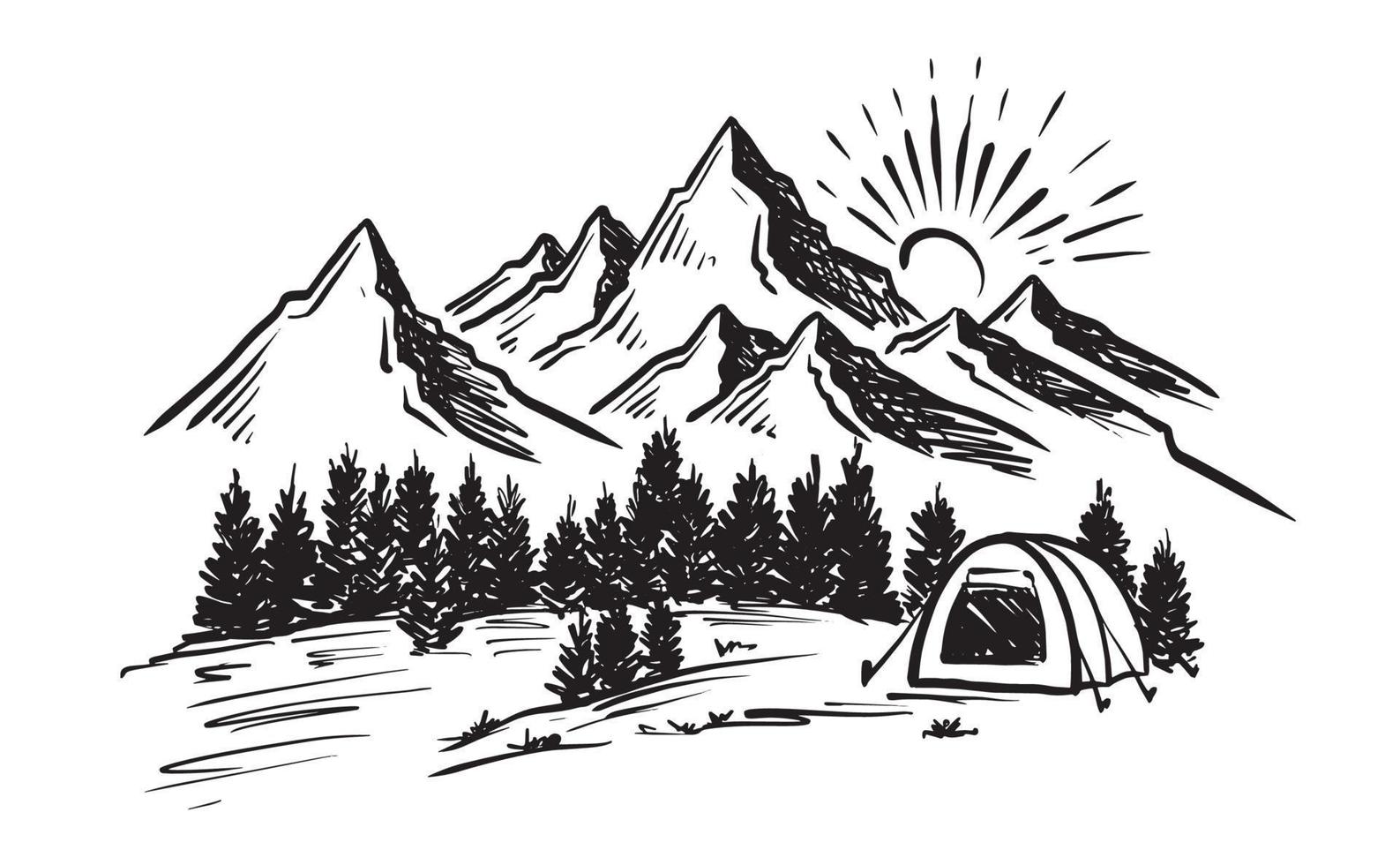 Sketch Camping in nature set, Mountain landscape, vector illustrations.