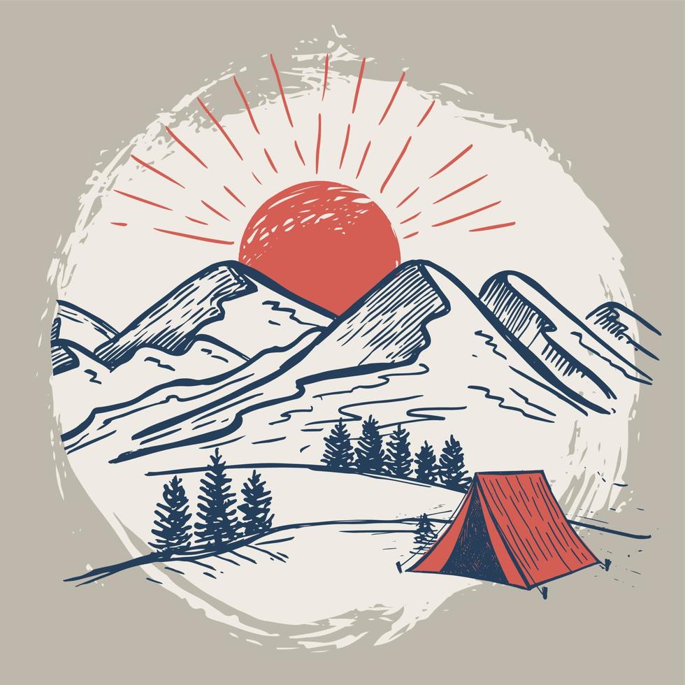 Sketch Camping in nature set, Mountain landscape, vector illustrations.