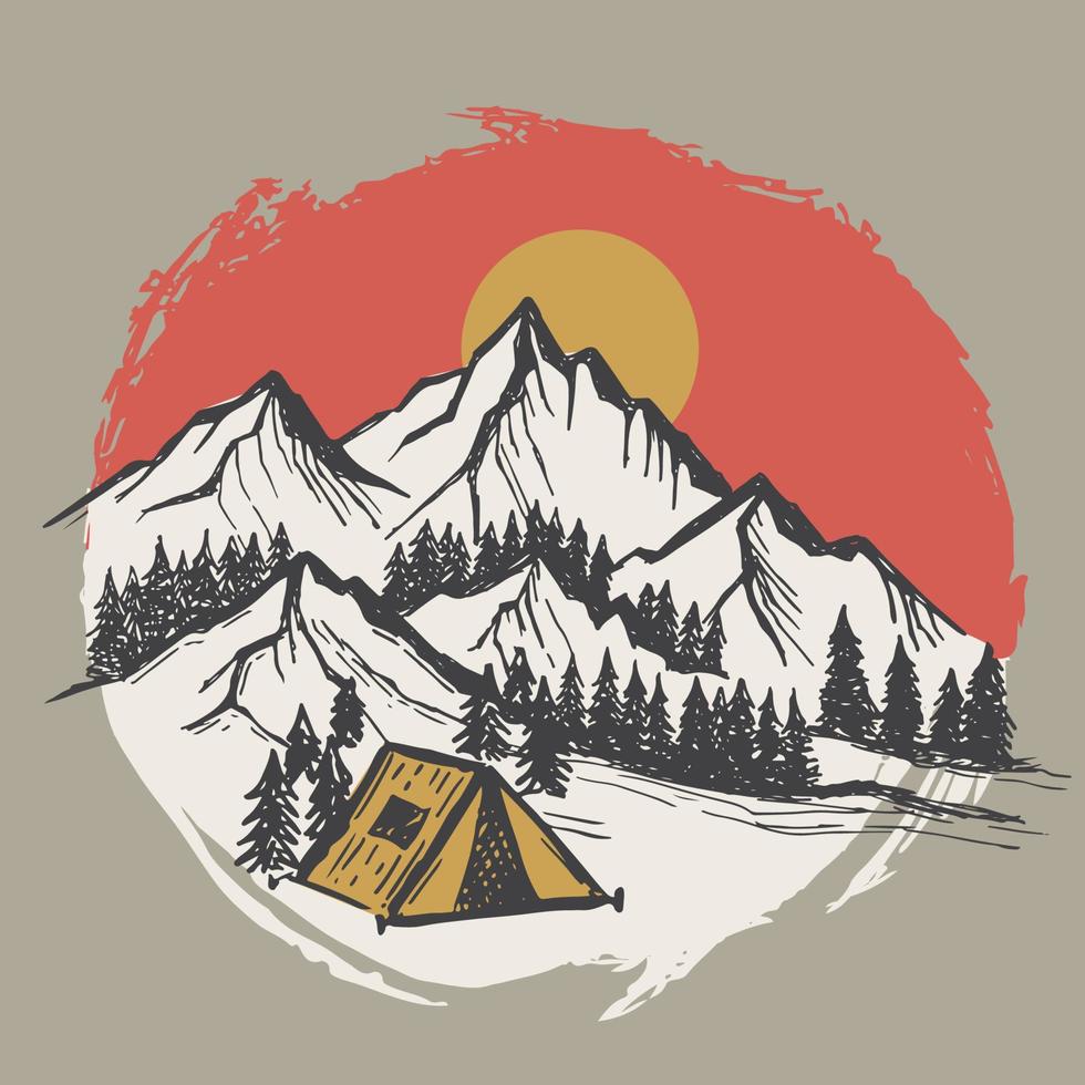 boceto de camping en la naturaleza, paisaje de montaña, ilustraciones vectoriales. vector