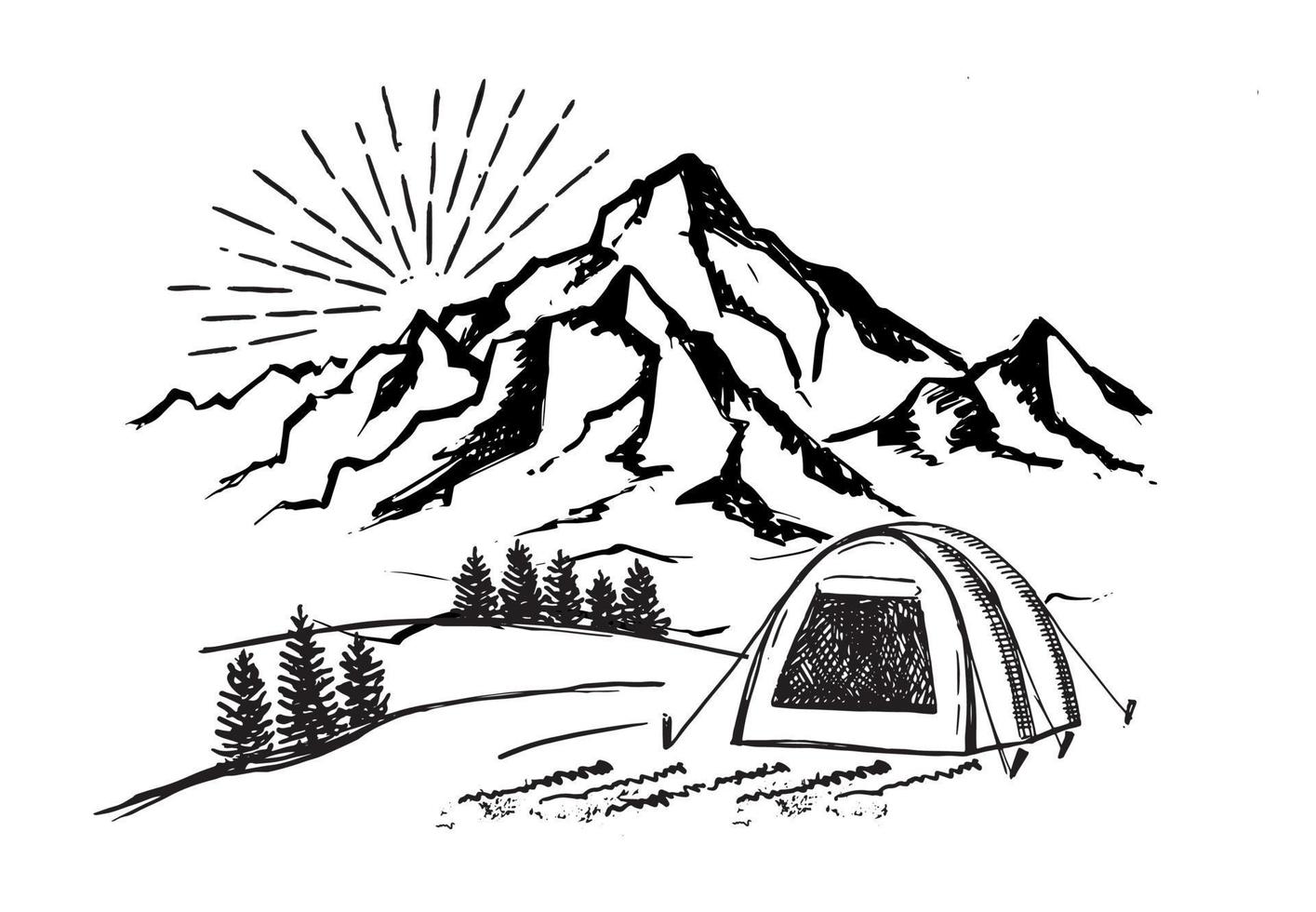 Camping in nature, Mountain landscape, sketch style, vector illustrations.