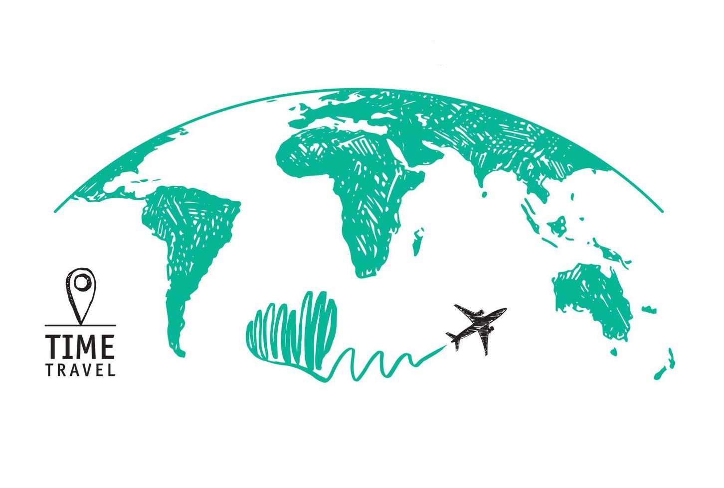 Map of the world, The plane drew a heart. Grunge style, vector illustrations.