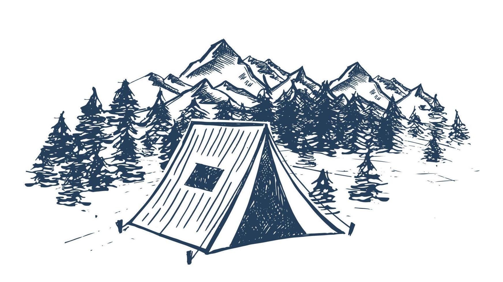 Camping in nature, Mountain landscape, sketch style, vector illustrations.