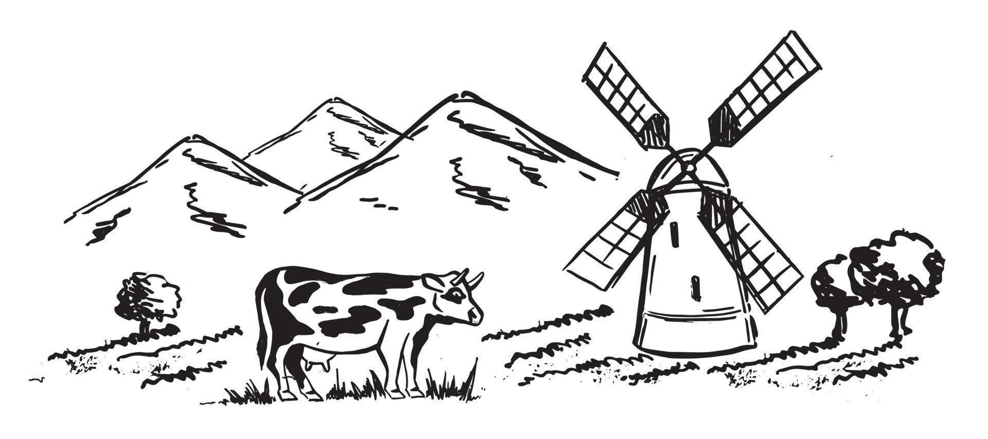 paisaje de montaña. vaca en negro. molino. estilo de boceto, ilustración vectorial. vector