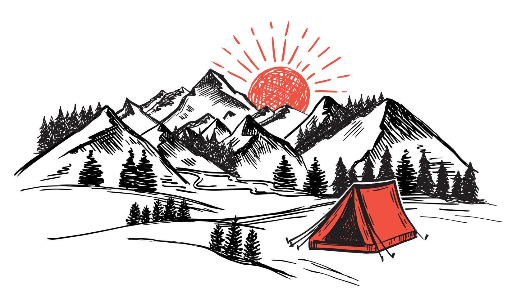 Sketch Camping in nature set, Mountain landscape, vector illustrations.