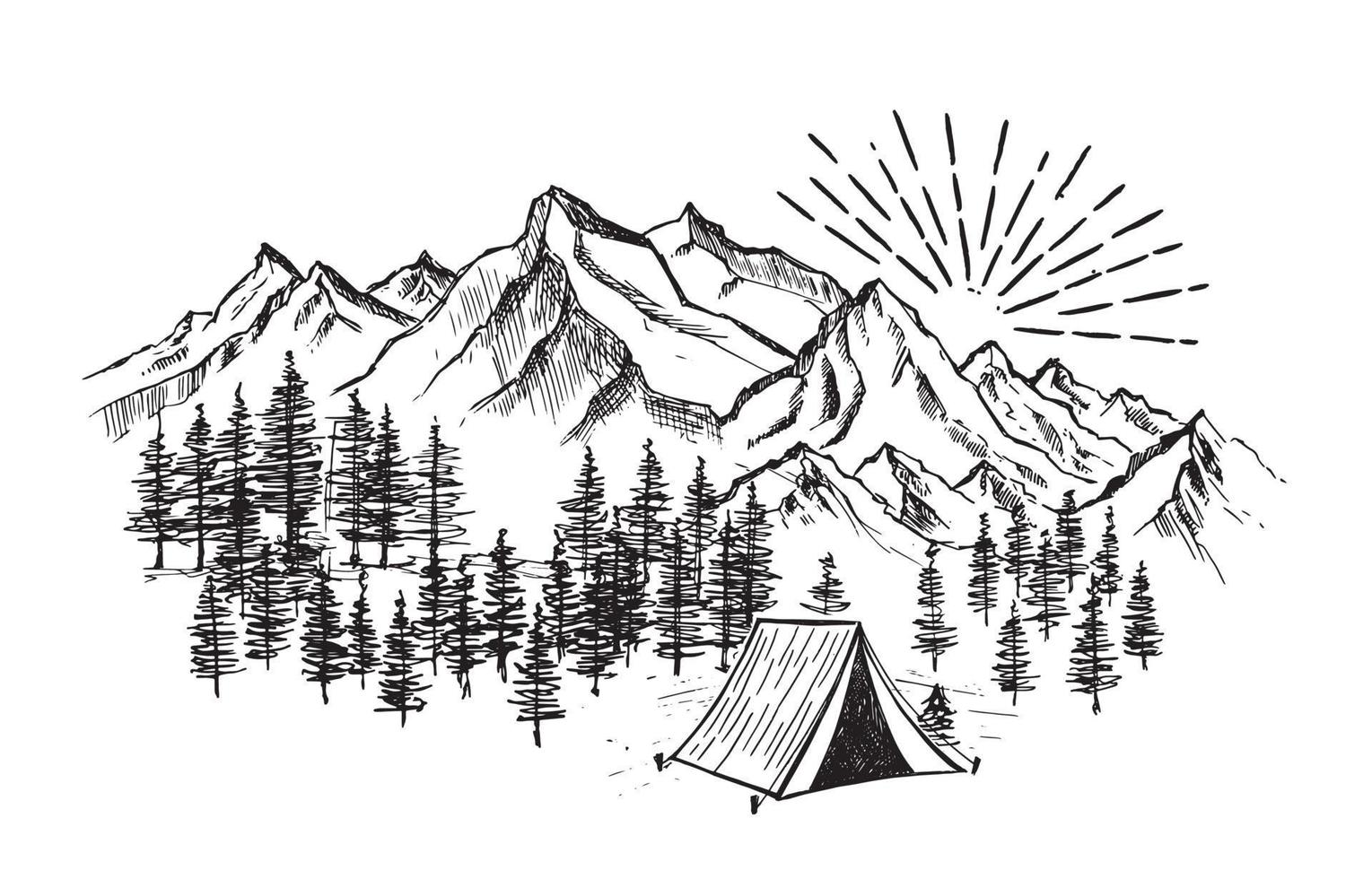 Camping in nature, Mountain landscape, sketch style, vector