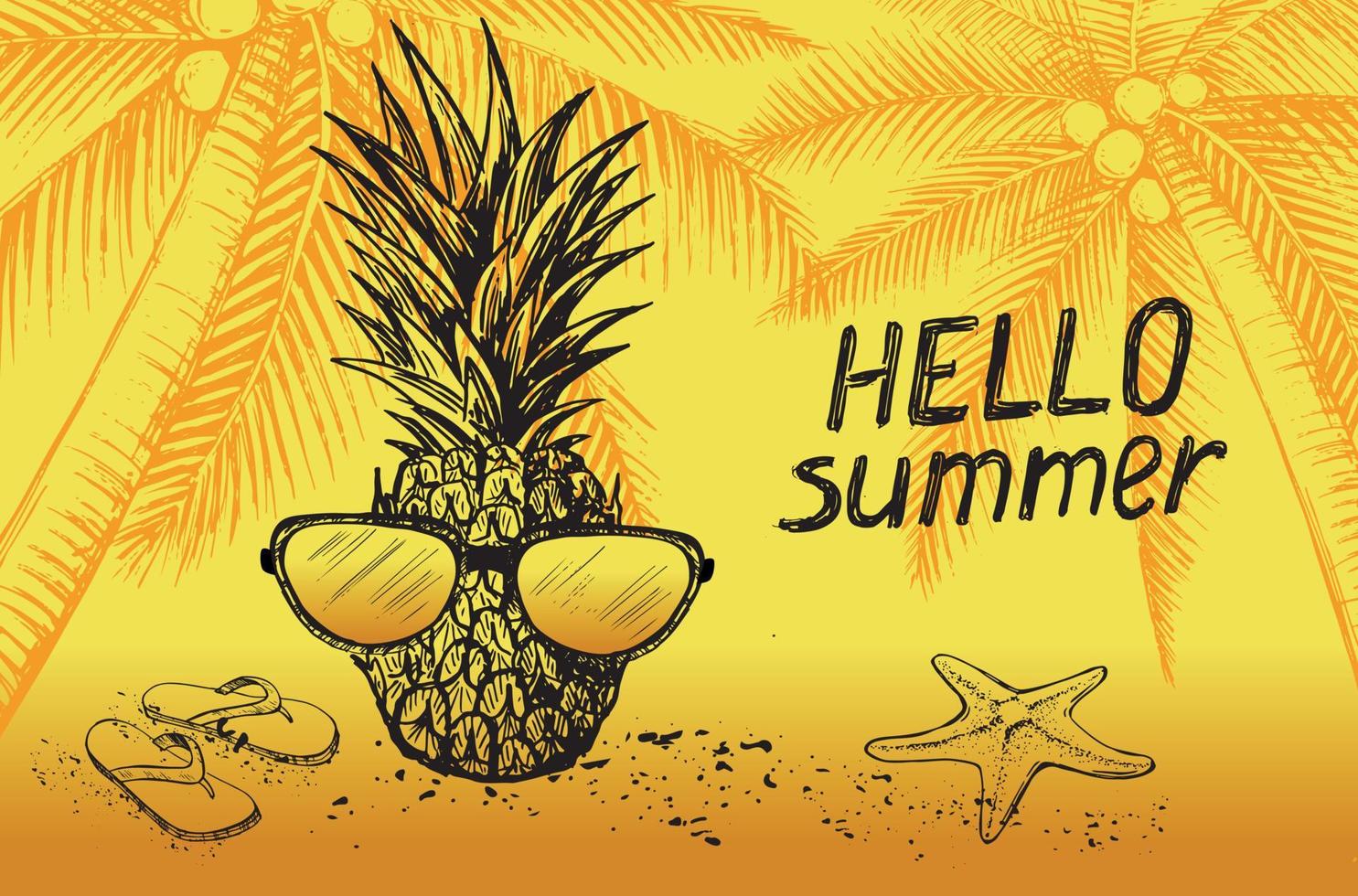 Hello Summer, palm tree, glasses, pineapple. Hand drawn illustration. vector