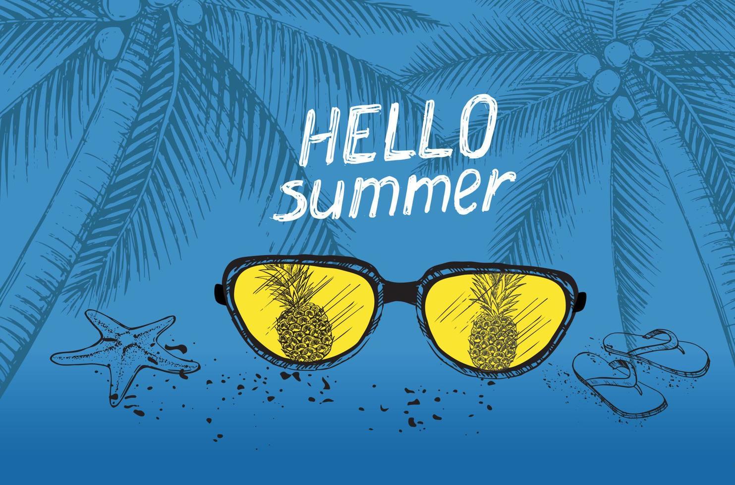 Hello Summer, palm tree, glasses, pineapple. Hand drawn illustration. vector
