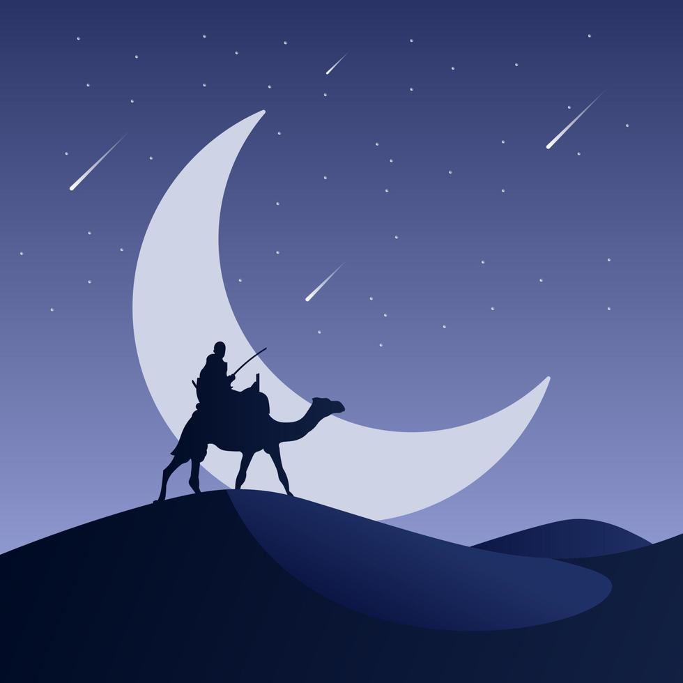 ilustración de silueta hombre montando camello en el desierto con hermosa luna creciente, plantilla de vector de diseño islámico o ramadán.