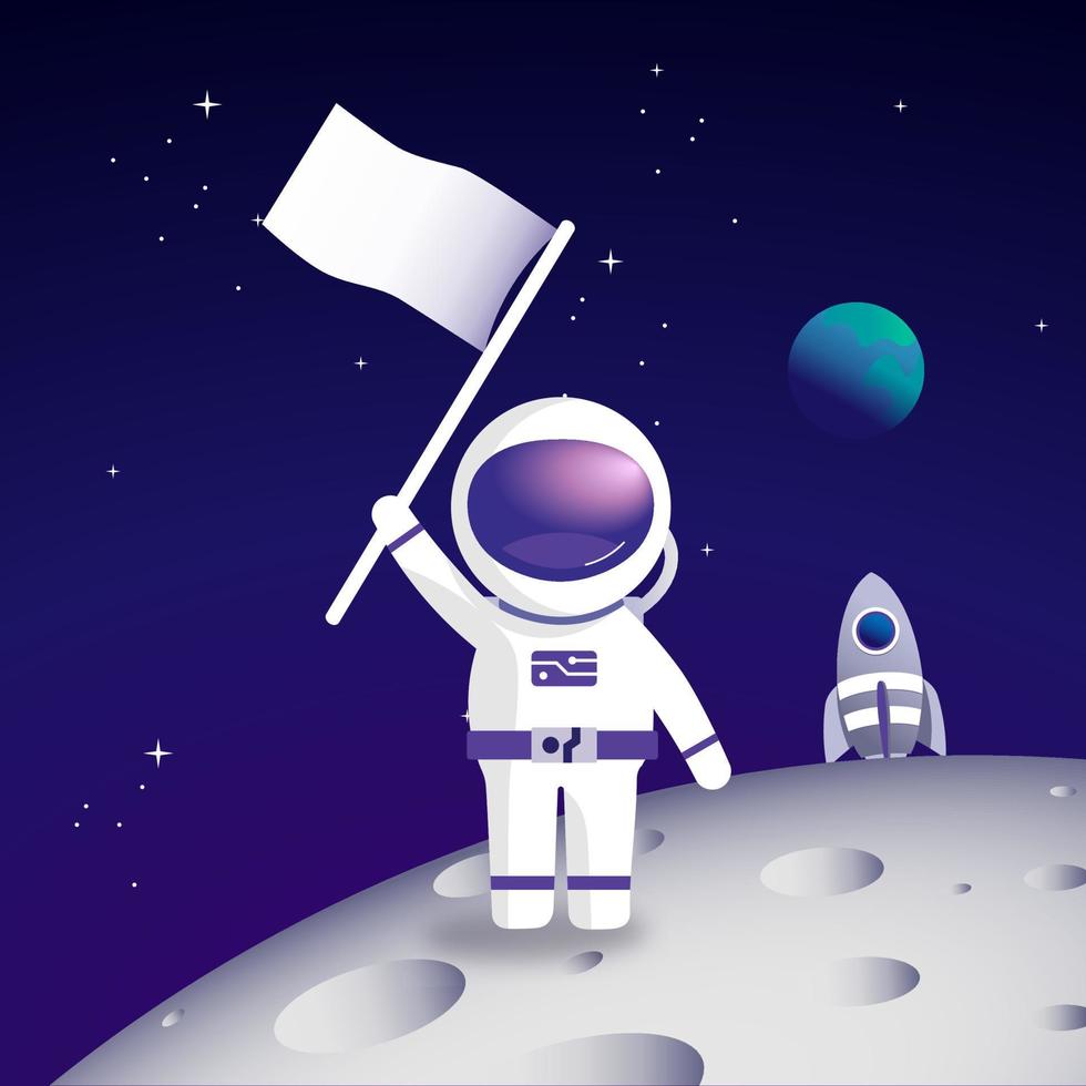 vector illustration of Astronaut Landing with Flag on the moon mission, science technology concept.