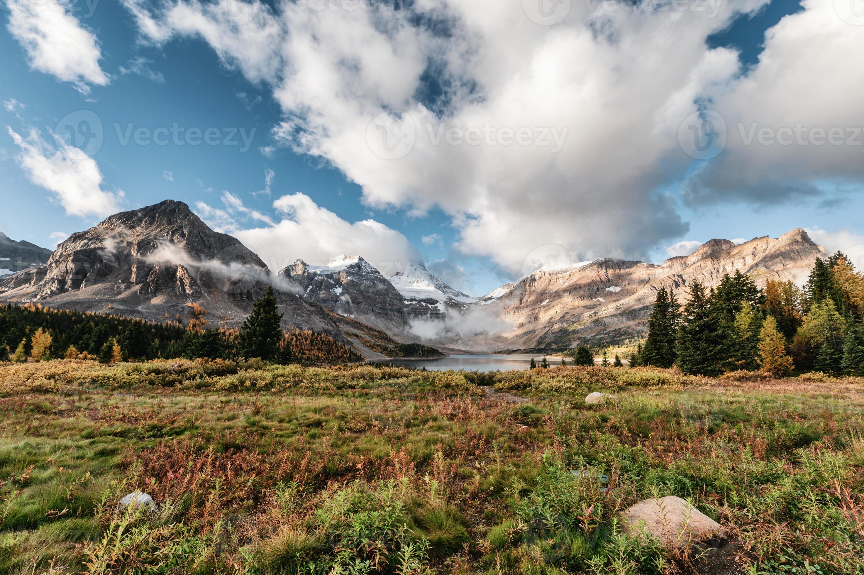 Scenery Of Mount Assiniboine With Lake Magog And Blue Sky In Autumn