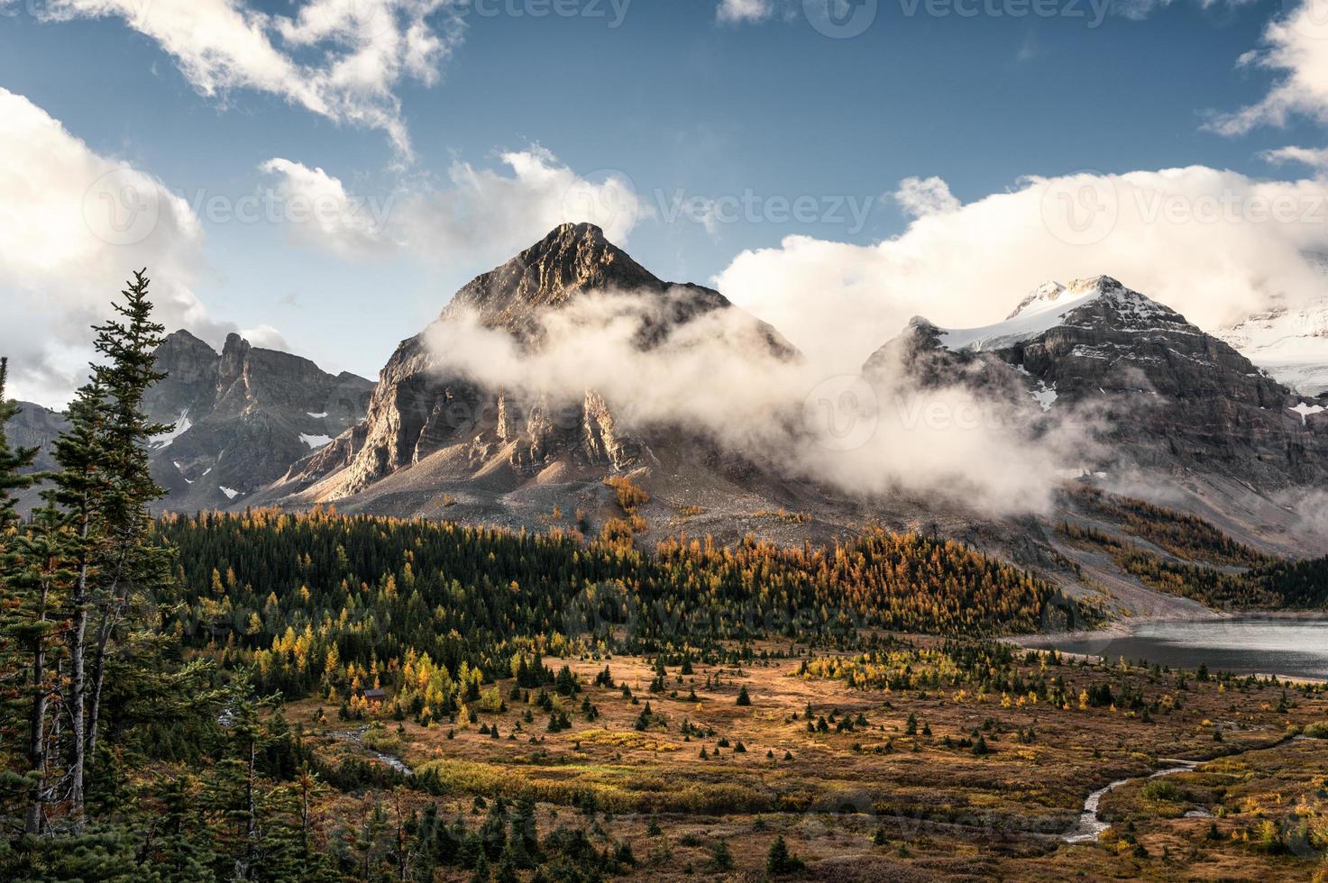 Rocky mountains with fog and blue sky on autumn forest at Assiniboine provincial park photo