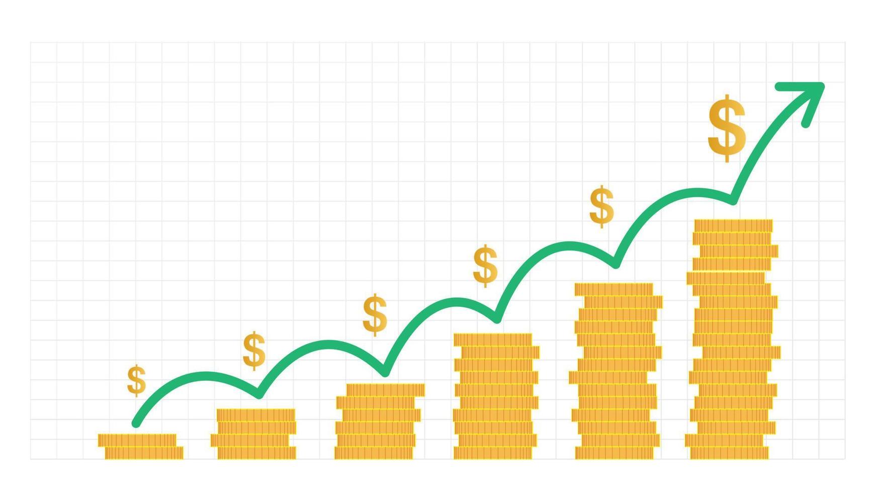 dinero moneda de oro crecimiento concepto vector ilustración. montones de monedas de oro como gráfico de ingresos con dólar