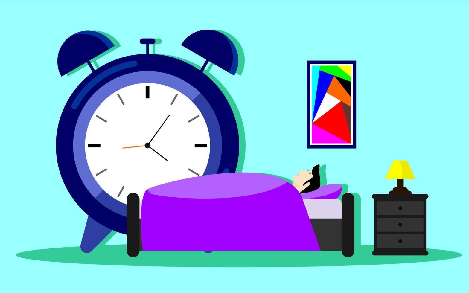 ilustración vectorial del hombre durmiendo con reloj de diseño plano, sueño saludable manteniendo un buen sueño. vector