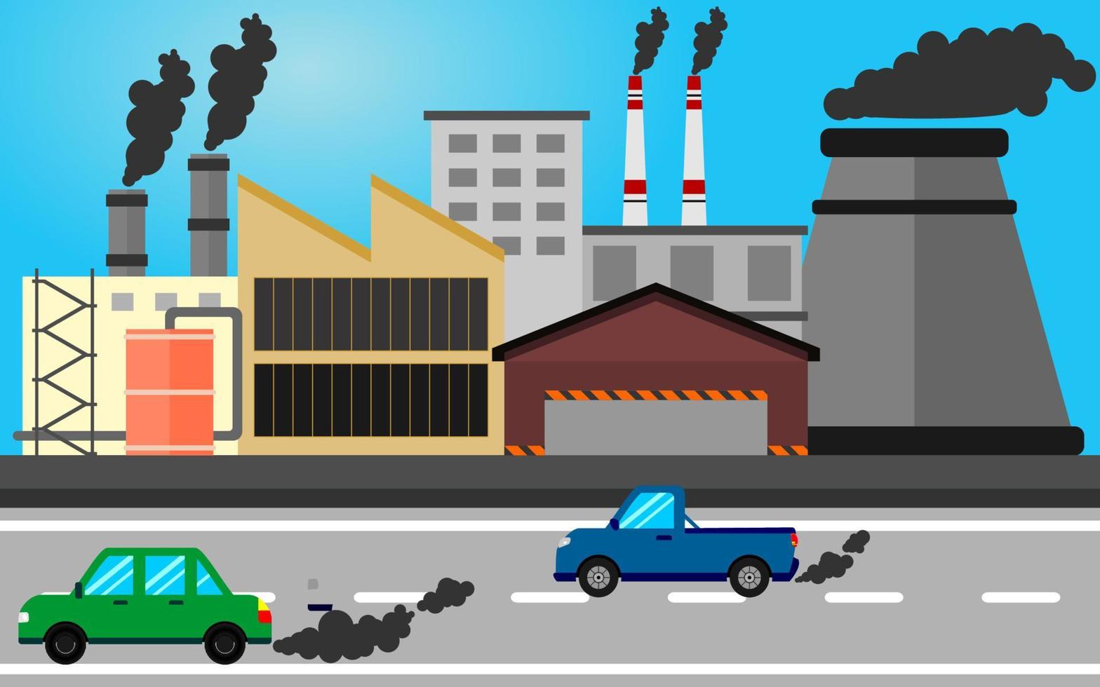 la contaminación de los vehículos de motor y las fábricas hacen que el calentamiento global, ilustración vectorial vector
