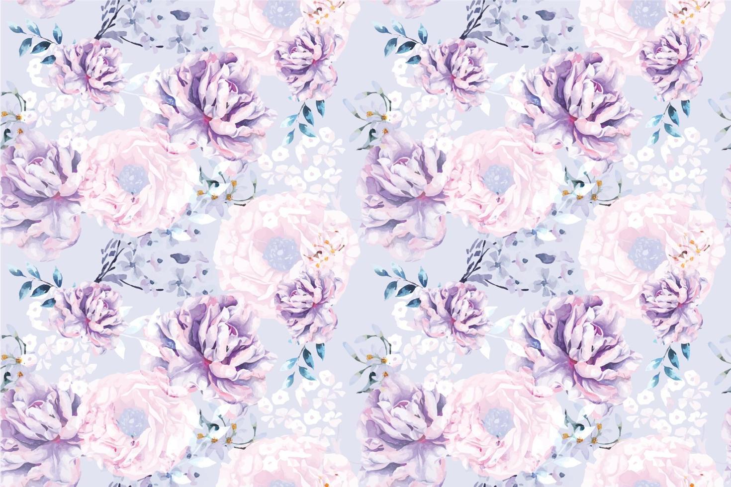 Seamless pattern of rose and blooming flowers painted in watercolor on purple background.Designed for fabric luxurious and wallpaper, vintage style.Hand drawn botanical floral pattern. vector