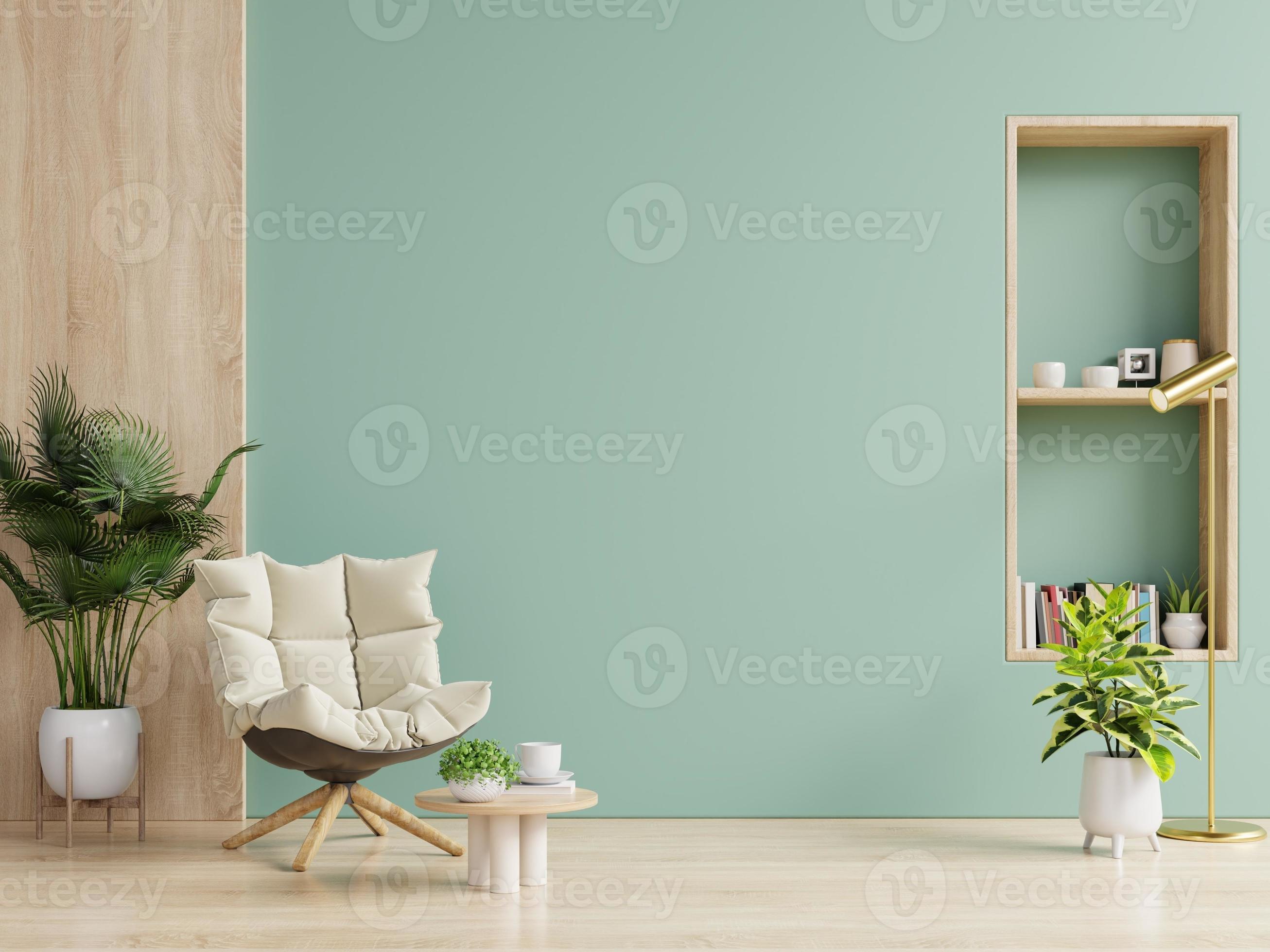 Living Room with cream color fabric armchair and plants on empty green wall  background. 8071015 Stock Photo at Vecteezy