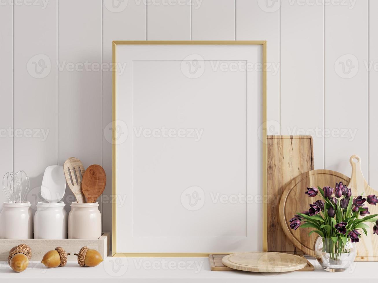 Mock up poster frame in kitchen interior with white wall. 8071032 Stock