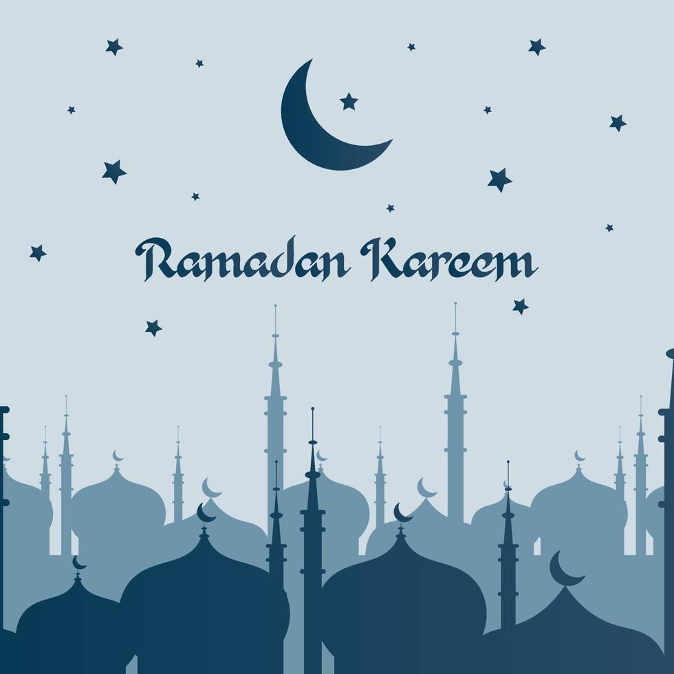 Ramadan Kareem greeting card with silhouette mosque and minaret, vector illustration