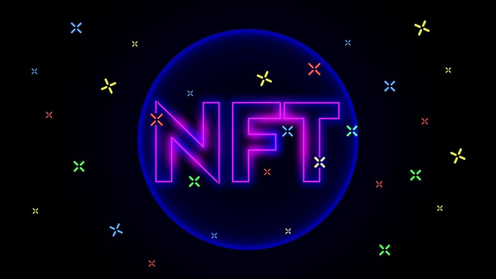 nft with glowing neon cicle, non-fungible token crypto art, neon light style. vector