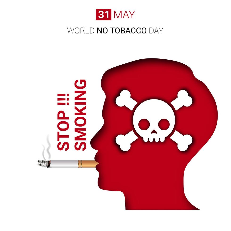 silueta de hombre fumando con cráneo en la cabeza, afiche de dejar de fumar y día mundial sin tabaco. vector