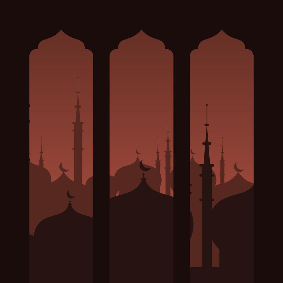 Drawn mosque night view from arch. Vector illustration of Islamic Background