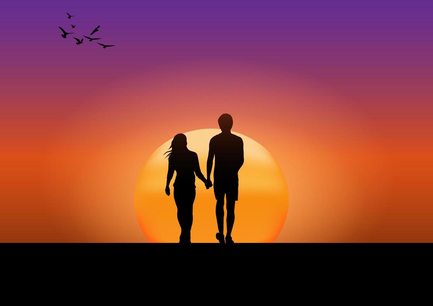 dibujo gráfico pareja niño y niña se paran para mirar la puesta de sol con silueta clara naranja y azul del cielo vector ilustración concepto romántico