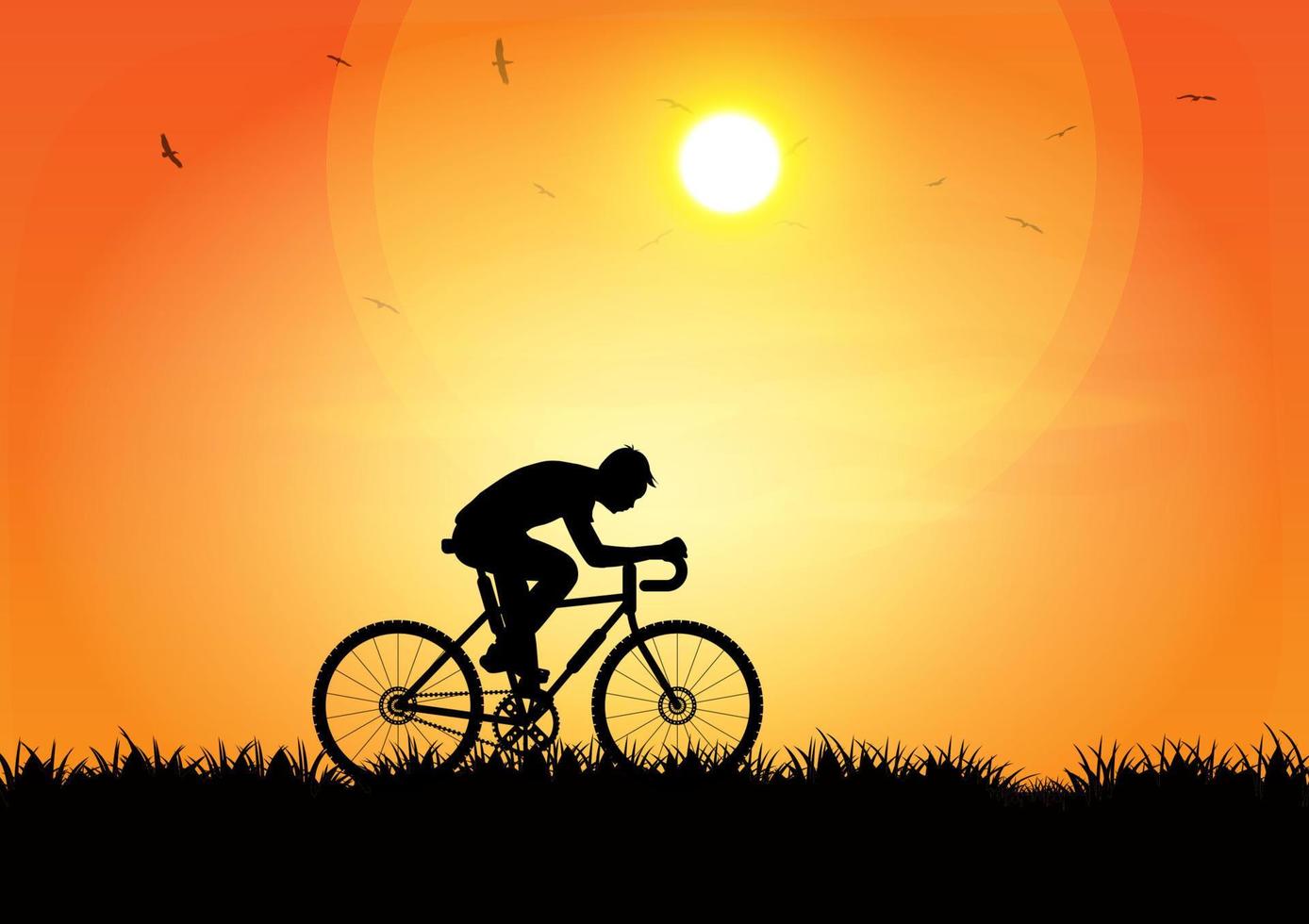 imagen gráfica hombre montando una bicicleta por la noche con un fondo de puesta de sol y silueta naranja de puesta de sol con hierba oscura en la ilustración de vector de tierra