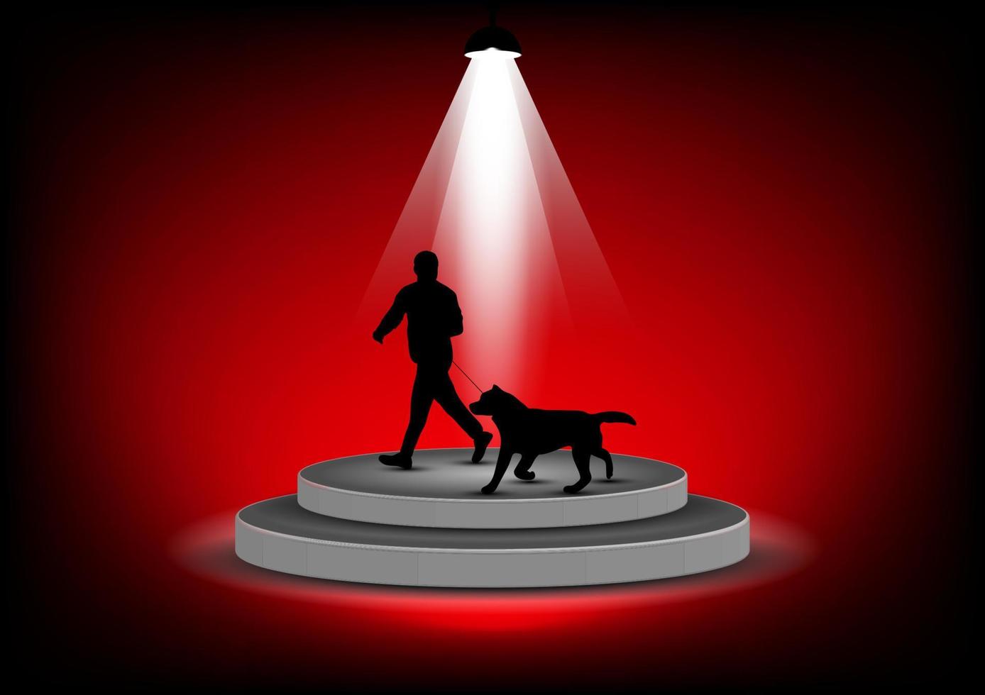graphics dark silhouette Man and dog on stage podium for show with red backdrop vector illustration