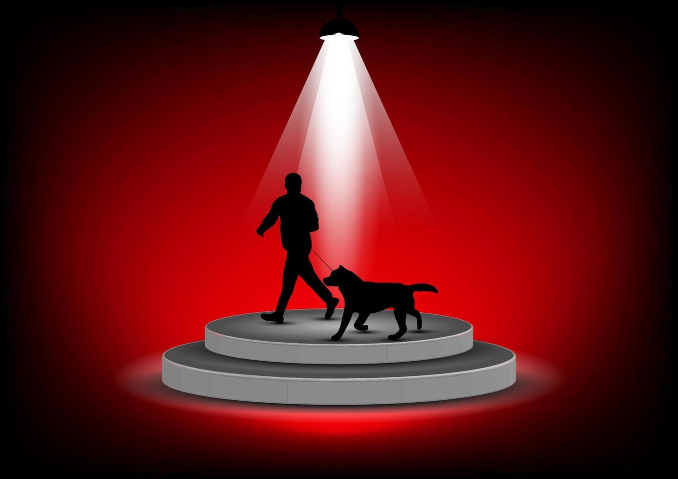 gráficos silueta oscura hombre y perro en el podio del escenario para mostrar con ilustración de vector de fondo rojo