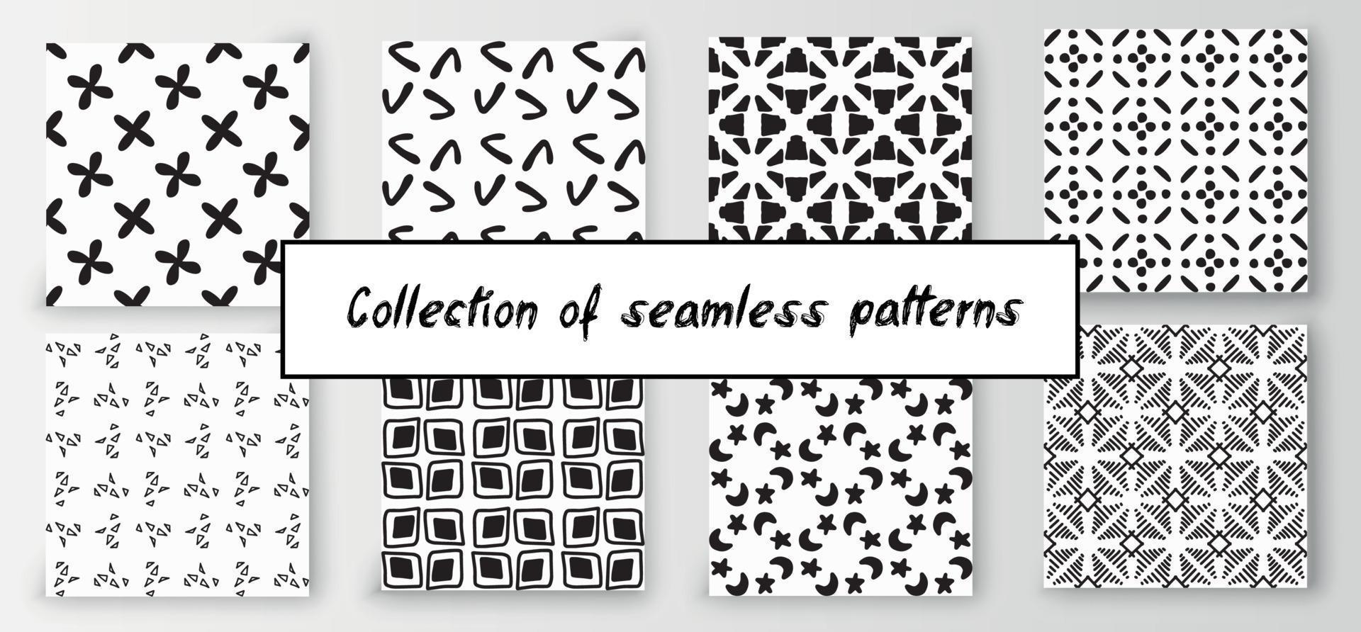 Set of seamless abstract geometric hand-drawn patterns. Modern creative background vector